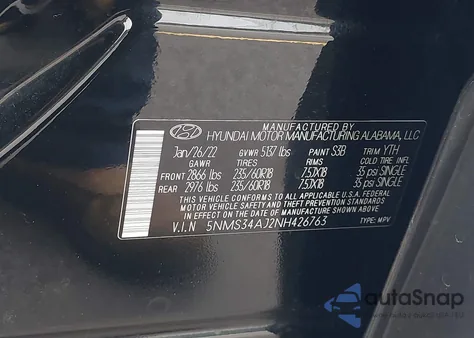 2022 Hyundai Santa Fe Sel z USA, uszkodzony, nr VIN 5NMS34AJ2NH426763